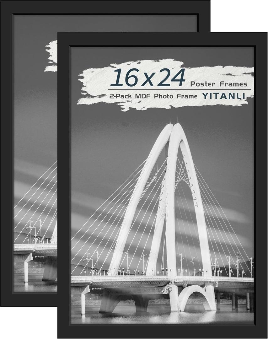 16x24 Black Frame 2 Pack, Engineered Wood for 24 x 16 in Poster | Horizontal or Vertical Wall Mounting, 24x16 Poster Frames for Gallery, Office, and Home Decor