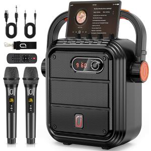 JYX Karaoke Machine with 2 Wireless Microphones, 5200mAh Portable Speaker Set Bluetooth 5.0 Rechargeable PA System with TWS,FM, REC,Stage Subwoofer Supports BT/USB/TF Card/Aux for Party
