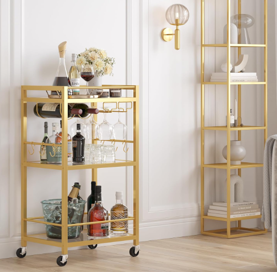 TUTOTAK Bar Cart, Home Bar Serving Cart with 3-Tier Shelf, Drink Cart with Wine Rack, Glass Holder, Rolling bar carts for The Home, Living Room, Gold,BC01BB035
