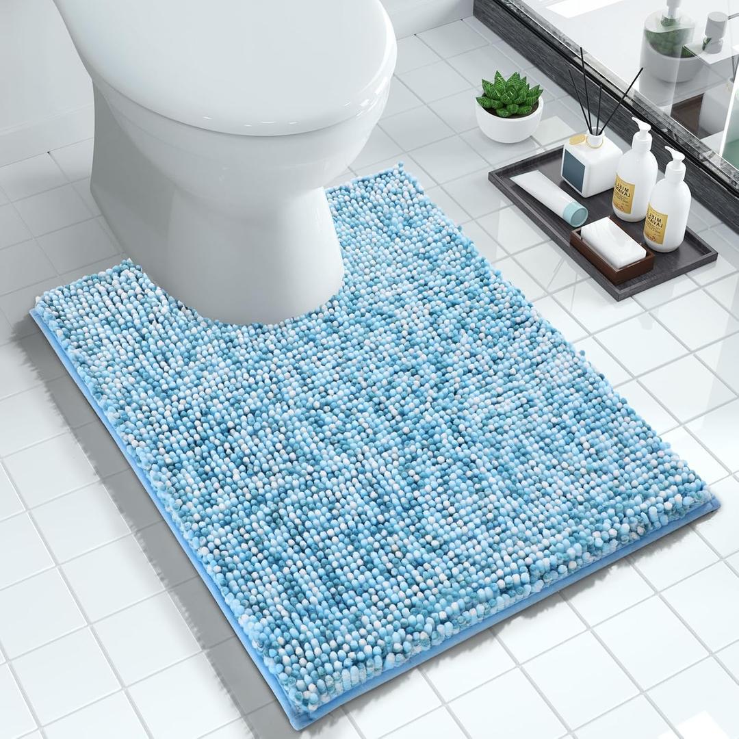 Yimobra Luxury Chenille U-Shaped Toilet Rug, Super Soft Shaggy Contour Bath Mat for Bathroom Floor, Fluffy, Water Absorbent, Non Slip, Machine Washable, Dry Quickly, 24''x 20'', Blue & Light Blue