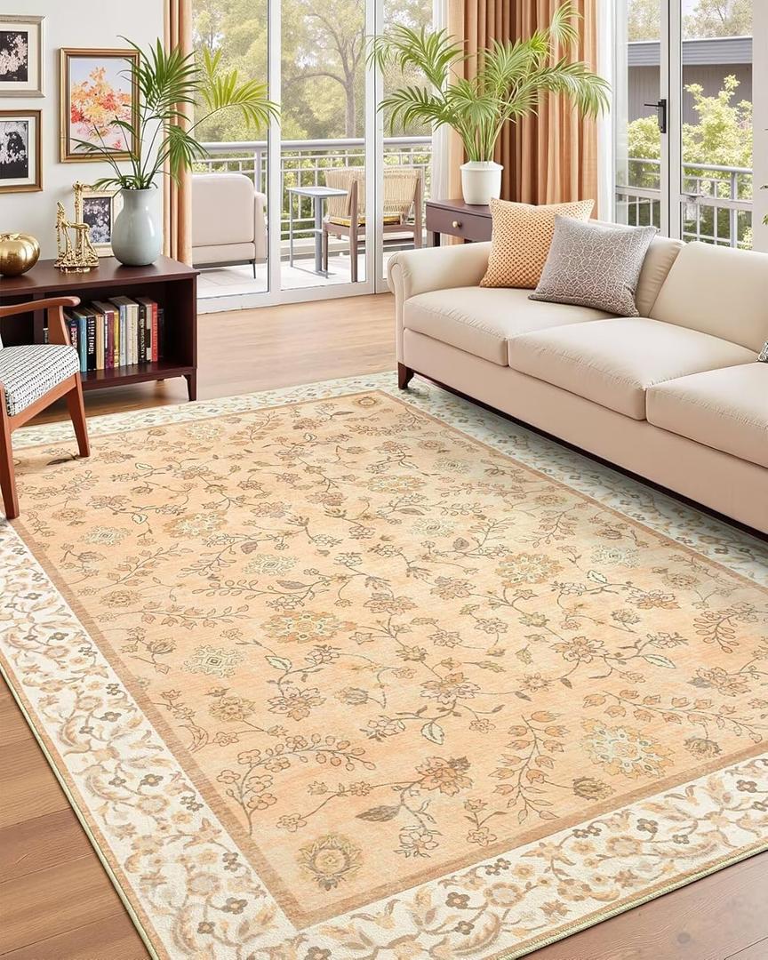 5x7 Washable Boho Area Rug for Living Room, Vintage Floral Non Slip Bedroom Rugs, Soft Low Pile Carpet for Kitchen Bathroom Farmhouse Nursery Kids Room Dining Room, Cinnamon Orange