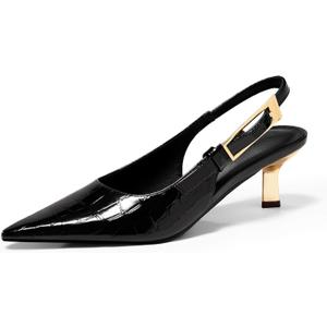 Coutgo Womens Slingback Kitten Heels Closed Pointed Toe Pumps Buckle Strap Wedding Party Dress Shoes (Black) Size 8.5