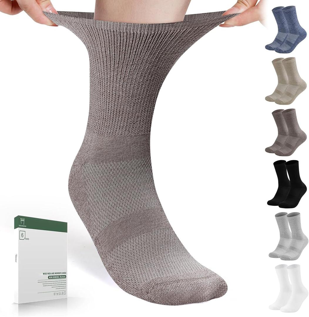 Bulinlulu Diabetic Socks for Men Women-6 Pairs Non Binding Crew Diabetic Neuropathy Socks with Seamless Toe for Size 6-9 9-12 (Large)