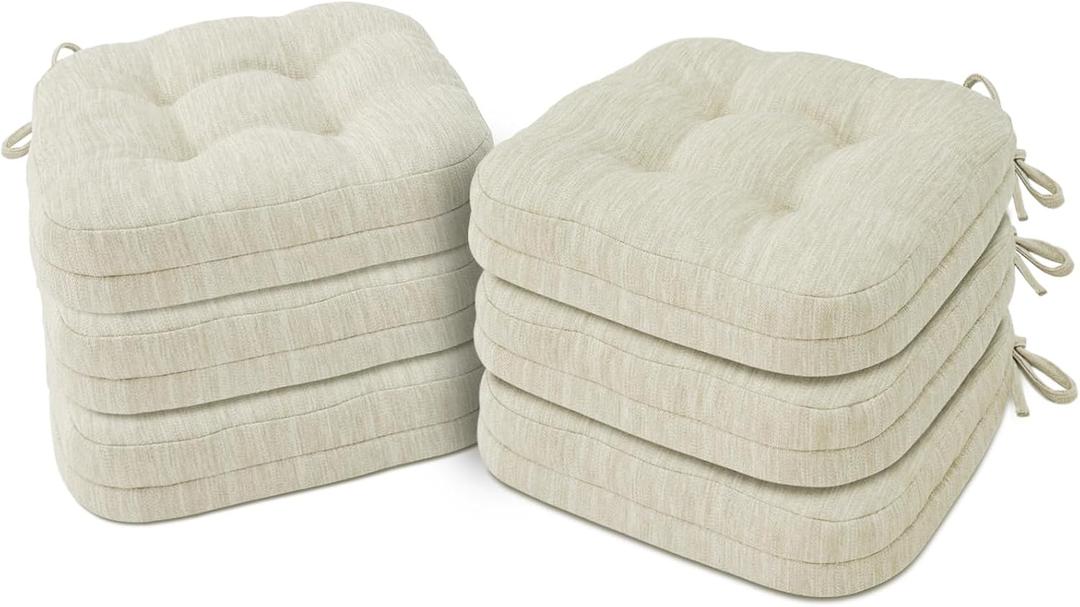 Shinnwa Kitchen Chair Cushions Set of 6, Dual-Layer Memory Foam Dining Chair Cushions, Patented Design Seat Pads with Ties, 16.5 x 16.5 x 3.5in, 6 Pack, Ivory