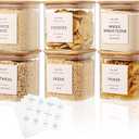 6 Pack Square Glass Pantry Storage Containers with 132 Kitchen Food Pantry Labels - 24 floz Clear Glass Pantry Jars with Airtight Wood Bamboo Lids - Glass Canisters for Sugar, Cereal, Coffee, Spice