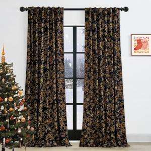 StangH Gold Velvet Curtains for Living Room, Super Soft Vintage Printed Floral Patterned Drapes Back Tab Light Blocking Window Treatments for Nursery Home Office, W52 x L102, 2 Panels