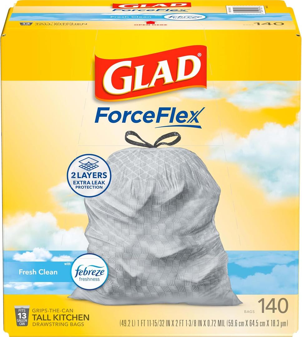Glad ForceFlex Tall Kitchen Trash Bags, 13 Gallon, Fresh Clean, 140 Count 