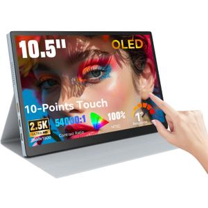 Prechen 10.5" OLED Touchscreen Portable Monitor 2.5K 2560x1600, 100% NTSC, 54000:1 Contrast, Mini Second Touch Display with Protect Case & Speaker, USB-C, HDMI, Small Screen for Laptop Mini PC Phone