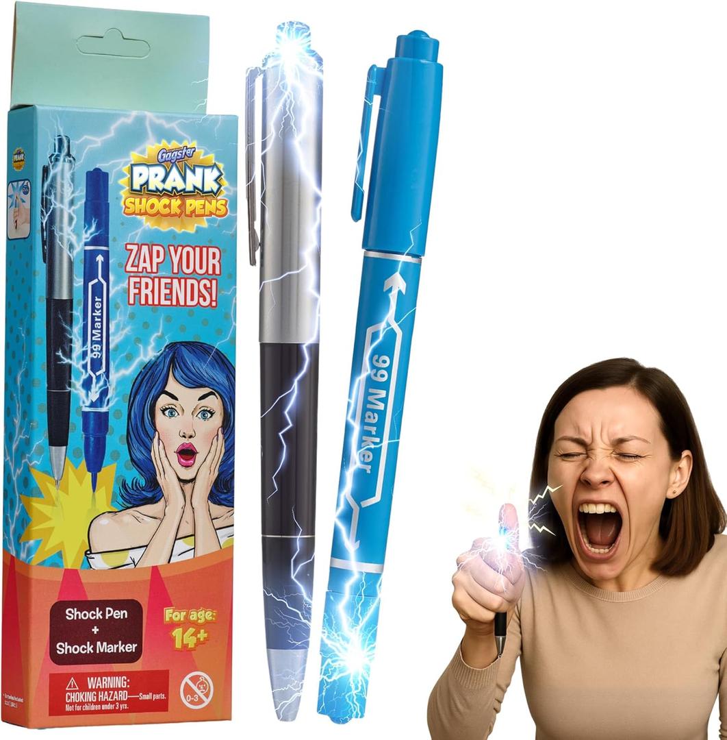 Gagster Electric Shock Pen and Marker Prank Set - Hilarious Gag Gifts for Adults - Fun Office Prank Gadgets - Shocking Stun Pen and Marker - Electric Shock April Fools' Joke Toys - Black/Blue (2-Pack)