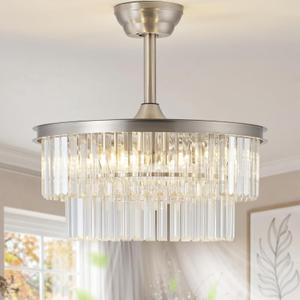 20" Silver Crystal Fandelier Ceiling Fans with Lights, Caged Silver Crystal Chandelier Ceiling Fan with Light Remote Control with 6 Speeds for Bedroom, Nursery, Living Room