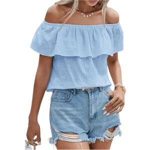 SweatyRocks Women's Off The Shoulder Blouse Short Sleeve Ruffled Summer Tops, L