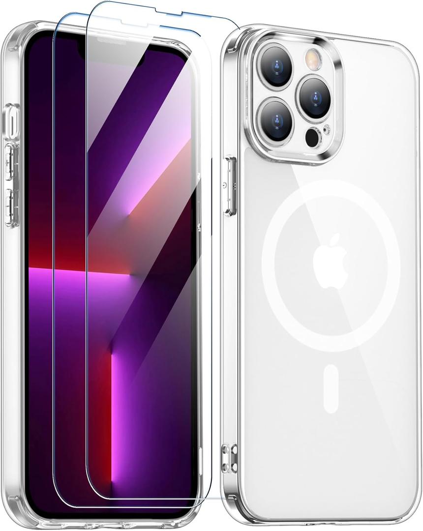 SPIDERCASE for iPhone 13 Pro Case, Magnetic Clear Case with 2PCS Tempered Glass Screen Protector Slim Phone Case for iPhone 13 Pro 6.1'', Clear