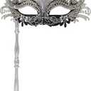 WILOVCOS Womens Masquerade Mask with Stick, Handheld Mardi Gras Mask,Venetian Party Masks (Silver & Black)