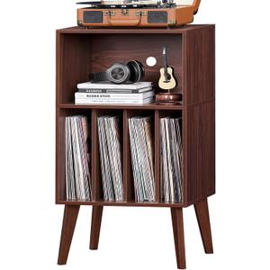 Lerliuo Record Player Stand, Walnut Turntable Stand Holds up to 160 Albums, Mid-Century Vinyl Storage Cabinet Table with Solid Wood Legs, Record Player Holder Dispaly Shelf for Bedroom Living Room