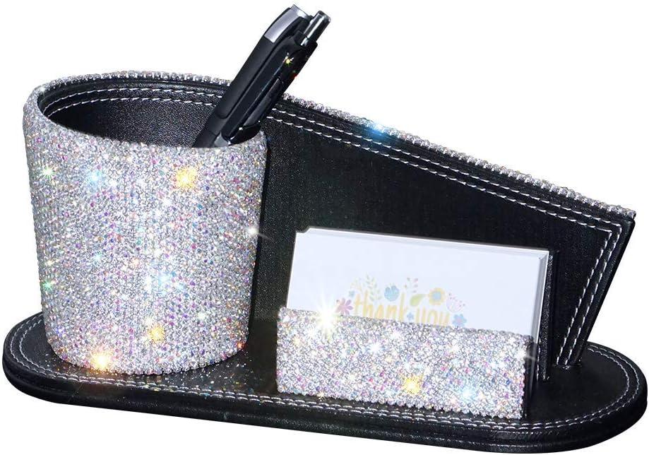 KEYPOWER Pen Pencil Holder Business Name Cards Decorative Bling Crystal Rhinestone PU Leather Gift for Women Girls (White)