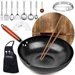 Carbon Steel Wok Pan, 14 Piece Woks & Stir-Fry Pans Set with Wooden Lid Cookwares, No Chemical Coated Flat Bottom Chinese Pan for Induction, Electric, Gas, Halogen All Stoves - 12.6''