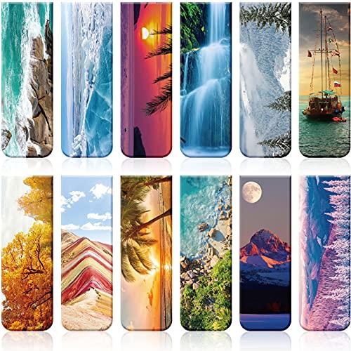 Tenare 24 Pcs Magnetic Bookmarks 12 Styles Assorted Cute Landscape Magnet Book Markers Magnetic Page Clip, Double Side Funny Book Marks for Christmas Women Men Reading Supplies