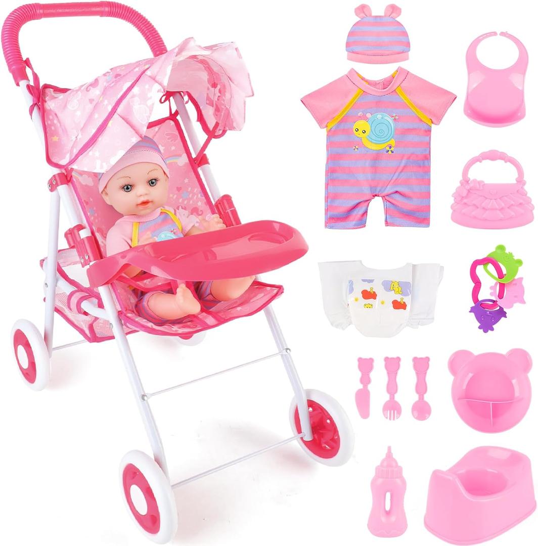 DeAO Baby Doll Stroller 12" Baby Doll Set with Foldable Stroller 15 PCS Accessories for Toddlers 3-5 Christmas Birthday Gifts