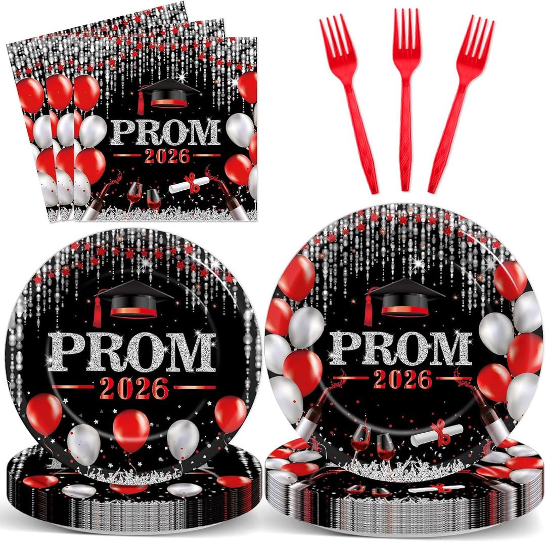 ZOIIWA 96Pcs Prom Night 2026 Grad Party Tableware Supplies Graduation Plates Napkins Class of 2026 Party Decorations Congratulations Graduate Plate Forks Napkins for High School College Red and Black