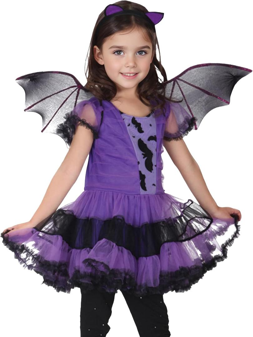 Kids Girls Princess Bat Dress Halloween Costume Set with Headband and Wings (4-6Years, Purple)