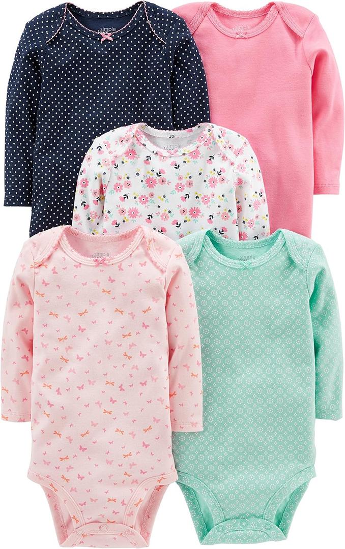 Simple Joys by Carter's baby-girls 5-pack Long-sleeve Bodysuit (Newborn, Mint Green/Navy Dots/Pink/Butterflies/Floral)