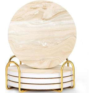 GOH DODD Coasters for Drinks Set of 4, Absorbent Marble Style Ceramic Coaster Cup Coasters Tabletop Protection Home Decor with Metal Holder for Housewarming Gifts Wedding Party, Beige, Round, 4 Inch