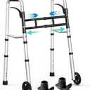 HOMENURSE Narrow Walkers for Seniors, Folding Walker with Skis and 5" Wheels for Small Spaces, Adjustable Width & Height, Aluminum Lightweight Standard Rolling Walker, Support Up to 350lbs, Silver