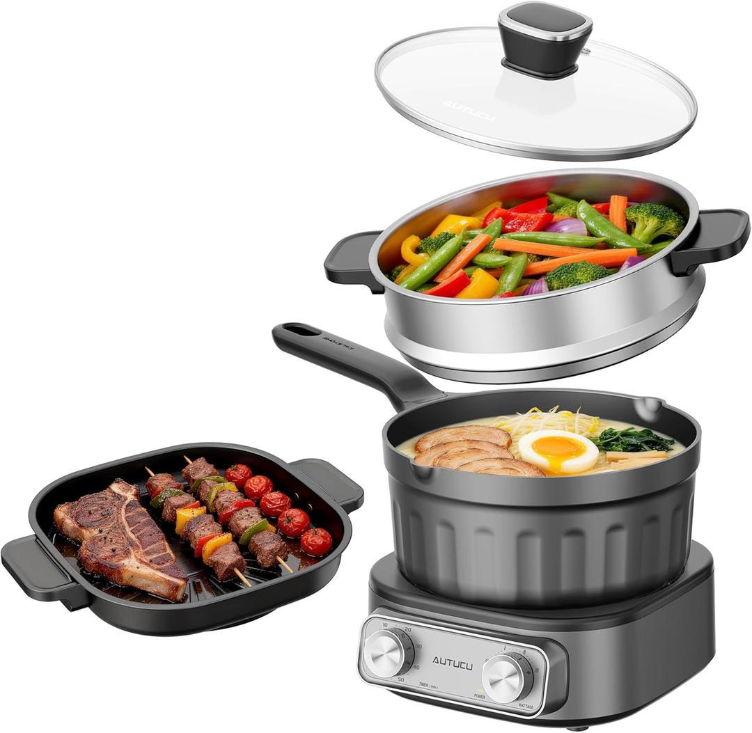 N73SNA Hot Pot Electric Nonstick, PFOA-Free Multi-Cooker 2.5 Quart Grill Steamer Set, Portable Hot Pot for Fried Rice, Oatmeal, Steak, Soup, Egg, Ramen with Power Adjustment