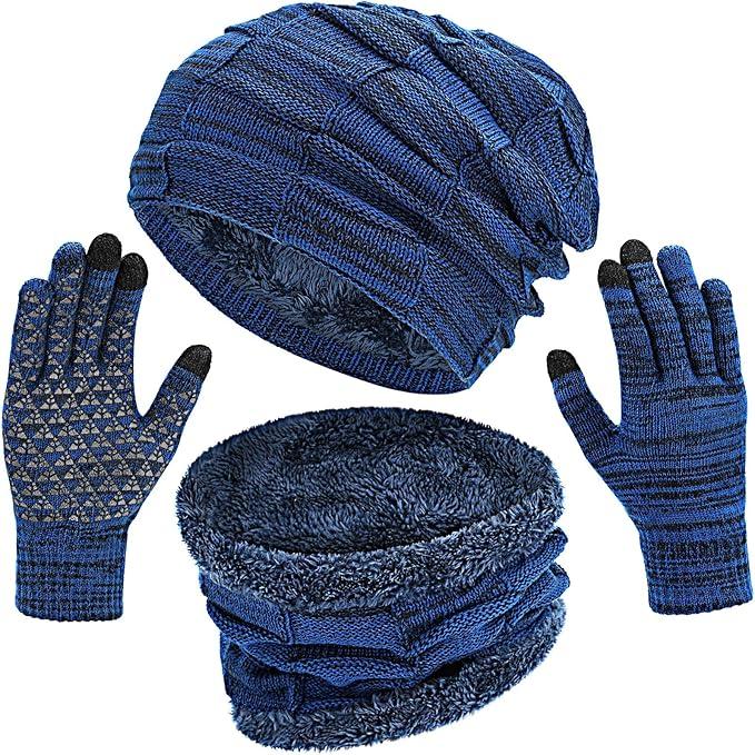 Mens Hat Set Touchscreen Glove Neck Warmer Winter Hats Scarf Gloves Set Slouchy Beanie Knit Fleece Skull Cap (Blue)