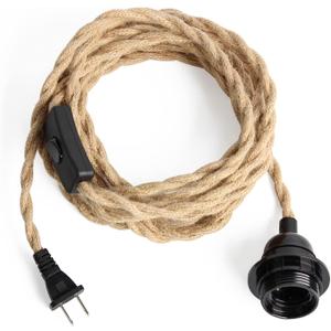 Pendant Rope Light Cord Kit with Switch Plug in, 15ft Twisted Hemp Rope Hanging Light Kit, Industrial Pendant Lighting E26 Lamp Socket, Extension Cords for Retro DIY Project (15ft-1 Pack)