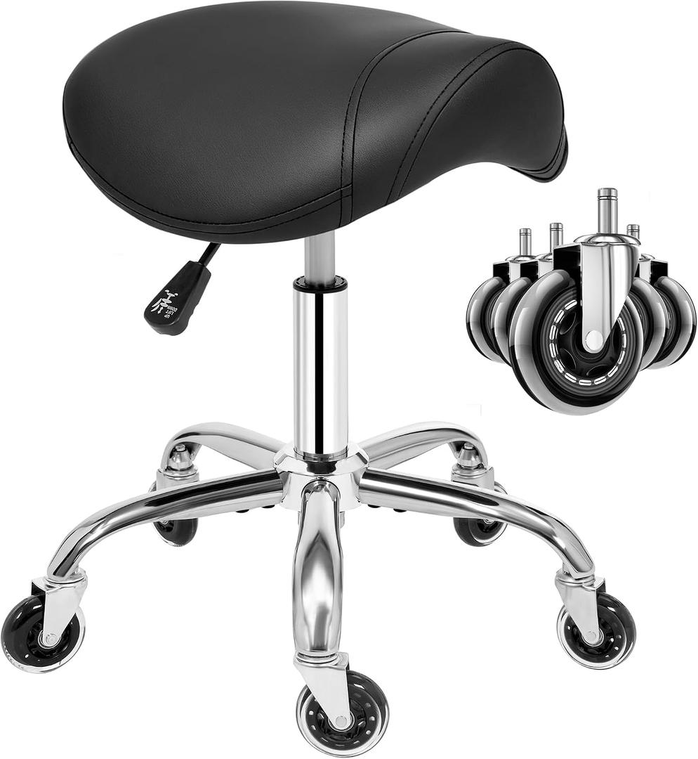 ANWBROAD Saddle Stool with Wheels Ergonomic Swivel Adjustable Rolling Stool with PU Leather Thick Wide Saddle Seat Padding Comfortable Rolling Saddle Chair for Salon Massage Clinic Black UWSS001B, 14.6 X 14.7 X 20.6 Inches