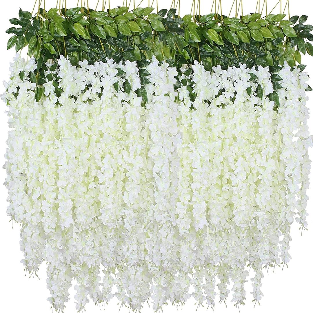 Artificial Wisteria Flowers, White Dense Artificial Fake Wisteria Vine Ratta Hanging Garland Silk Flowers String for Home Party Wedding Decor (24pcs White)