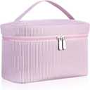 Huhumy Large Makeup Bag for Women Toiletry Bag, Aesthetic Cute Seersucker Cosmetic Pouch, Teen Gift for Her Mom Girlfriend Wife Teacher Aesthetic Skincare Brushes Storage Organizer(Pink)