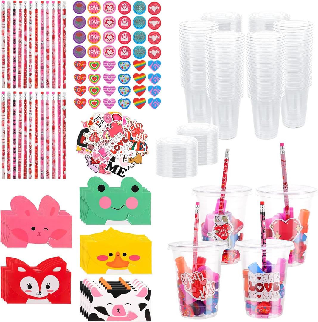 122PCS Valentine's Day Gifts for Kids School,24 Pack Valentines Day Stationery Gifts with Cups Cards Pencils Stickers Erasers Stampers Classroom Prize School Exchange Boys Girls Party Favors