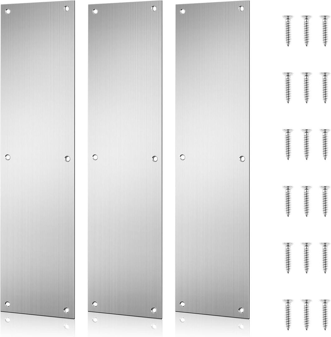3Pcs Push Door Plate 15x3.5" Stainless Steel Door Push Plate Door Kick Plate,Brushed Doorplate Door Proection Metal Plate with 12 Screws for Door Interior Exterior Accessories (Silver)