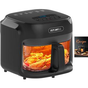BOSWELL Glass Air Fryer, 7.5QT with Transparent Fry Bowl, Circulating Heating, Temperature Control, Air Fryer Roast, Dishwasher Safe (Black)