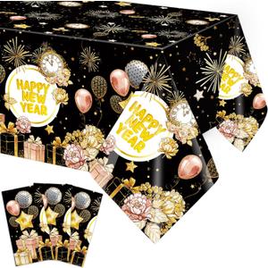 Fancy Land 2026 Happy New Year Tablecloths 3 Pack New Years Eve Party Decoration NYE Disposable Plastic Tablecloths 54 x 108 Holiday Party Table Cover Decoration