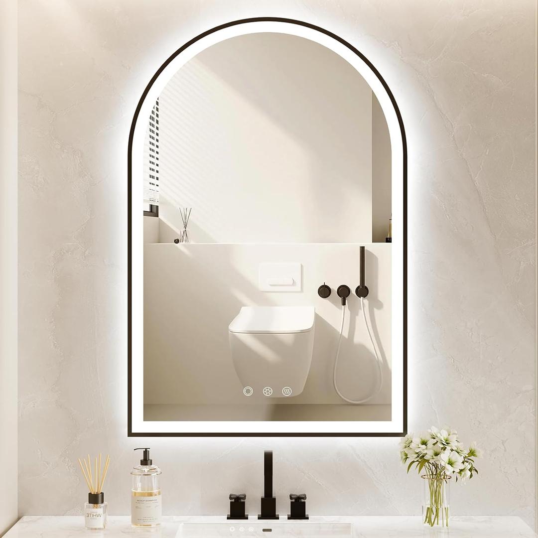 Arched LED Bathroom Mirror 20"x30", Black Bathroom Mirror with Lights-Anti-Fog, Dimmable-LED Mirror for Bathroom,3 Colors