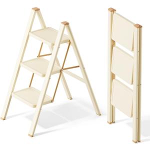 SOLADDER 3 Step Ladder, Anti-Slip and Lightweight Foldable Step Stool for Adults & Kids to Use in Kitchen, Closet and Library, 300lbs(Cream Chocalate)