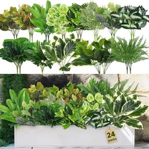 24 Bundles Fake Plants Outdoor, UV Resistant Artificial Ferns Greenery Stems Shrubs Faux Bushes Leaves Plastic for Indoor Outside Porch Garden Patio Window Office Entrance Bathroom Decor