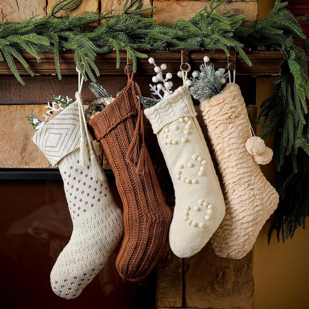 4 Pack Cable Knit Christmas Stockings 18'' Large Plush Knitted Stockings Neutral Christmas Ornaments Rustic Farmhouse Boho Xmas Decorations for Family Holiday Decor