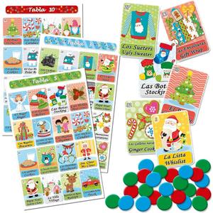 Bilingual Christmas Loteria Fiesta Game in English and Spanish, Mexican Bingo for up to 20 Players - 20 Boards, Full Deck of Cards and Chips, Theme Xmas