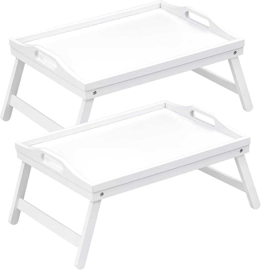 2 Pack Bed Tray Table Breakfast Trays Serving Tray Bamboo Bed Laptap with Folding Legs Handles and Phone Holders