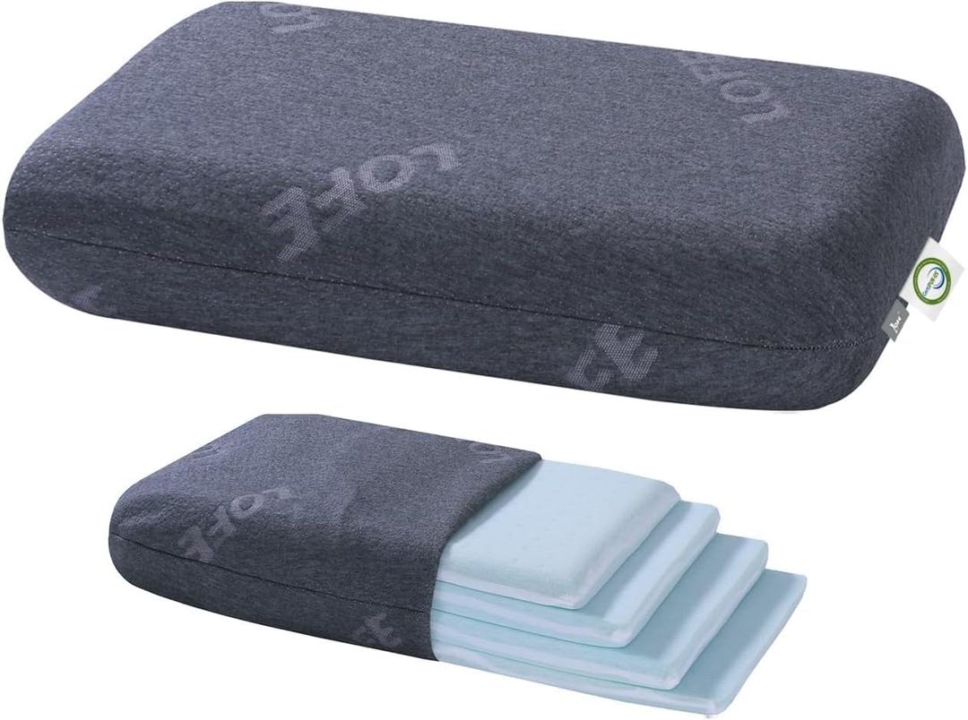 LOFE Adjustable Thin Memory Foam Pillow - 4 Heights from 1.2 to 4.8in, Cervical Pillow for Neck Pain Relief, CertiPUR-US Neck Support Pillow for Side Sleepers, Back/Stomach Sleepers, a Removable Cover (Standard: 23.6''14.2'', Grey)