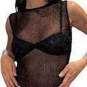 MakeMeChic Women's Crochet Sheer Tank Cover Up Crew Neck Sleeveless Knit Going Out Crop Tops (L)