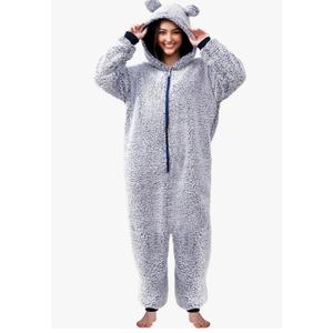Womens Fluffy Bear Onesie Pajamas,Shu Velveteen Warm Cozy Christmas Pjs Sleepwear Romper Jumpsuit Zipper with Pocket Size Large