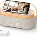 COLSUR Bluetooth Speaker Alarm Clock with Wireless Charger, FM Radio, Adjustable LED Night Light, 6 in 1 Bedroom Portable Speaker 2500mAh, Phone Stand for Bedside, Home, Office, Gift (Wood)