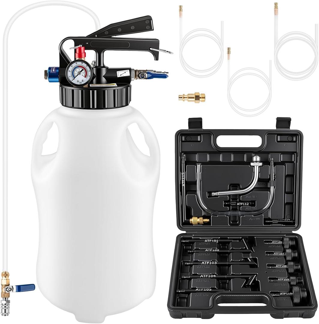 10L Transmission Fluid Pump 2 Way ATF Refill Dispenser, Pneumatic Oil Fluid Extractor & Transfer Pump with 15 Pieces ATF Adapters, Pressure Gauge & 4 Hoses for Automotive Oil Change