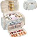 Large Cotton Makeup Bag, Quilted Floral Makeup Bag Organizer for Women Girls with Makeup Brush Compartment & Two Side Pockets, Cosmetic Travel Bag Vertical Storage- Blue Flower (MEDIUM)