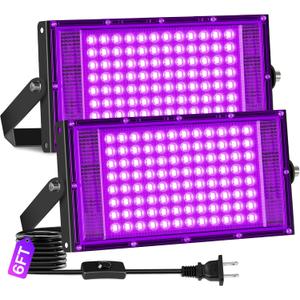2 Pack 100W LED Black Light IP66 Waterproof, Outdoor Blacklight Flood Light with Plug+Switch, Powerful for Halloween Neon Glow in The Dark Party Body Paint Poster Classroom Stage Lighting